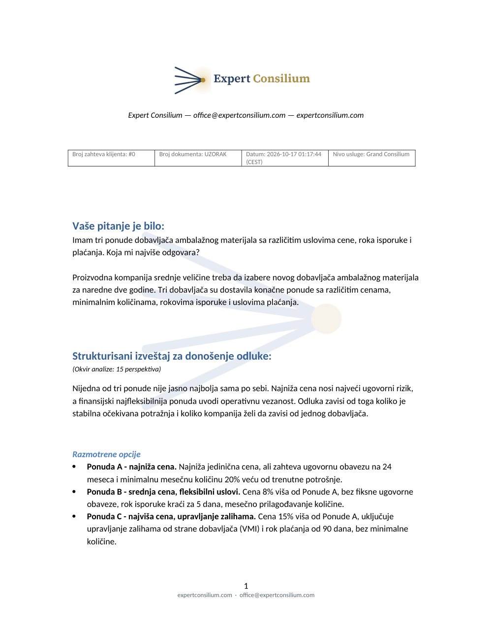 Strana 1 od 5 uzorka izveštaja Expert Consilium