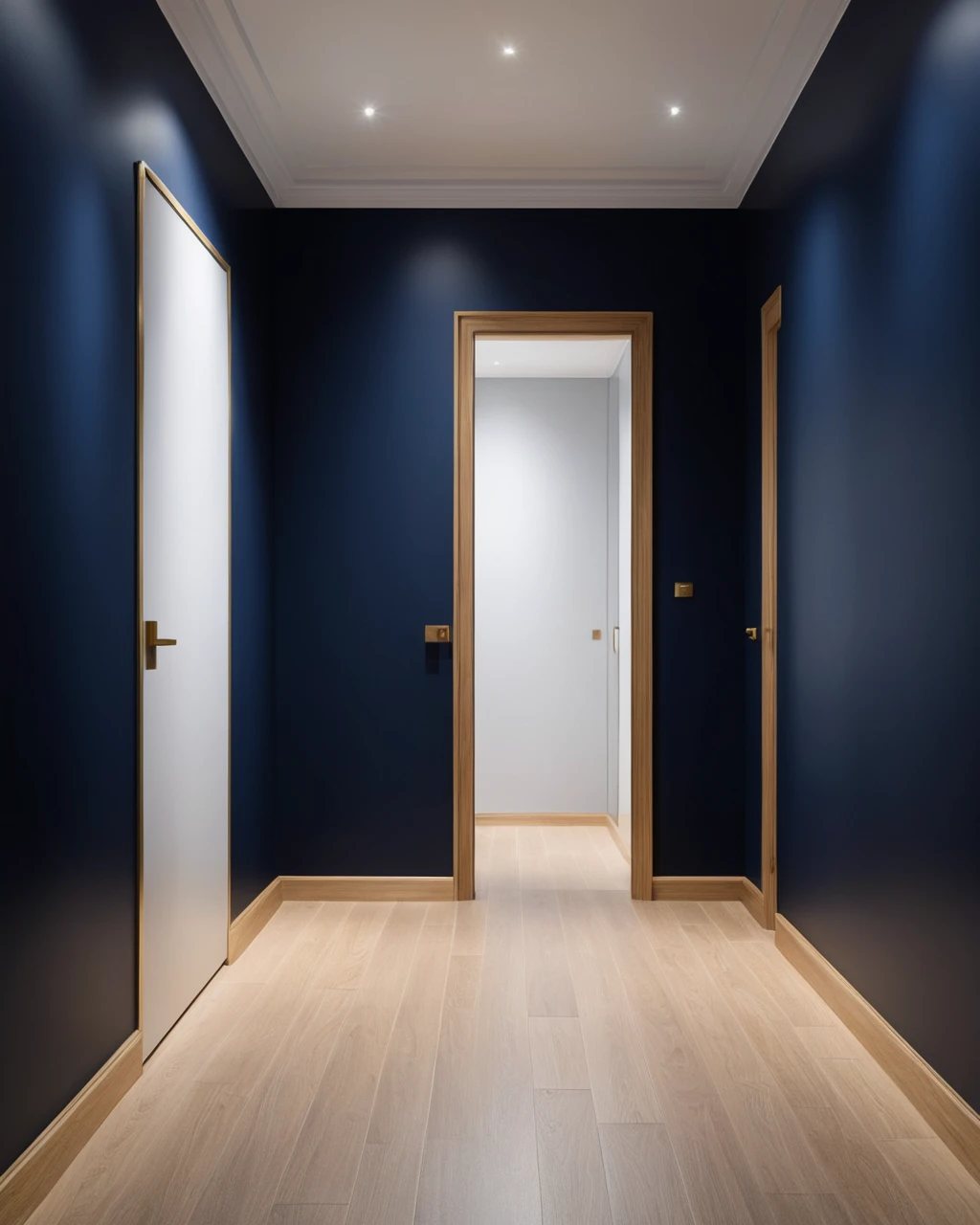 A deep navy hallway with a wooden floor and a bright doorway at the end